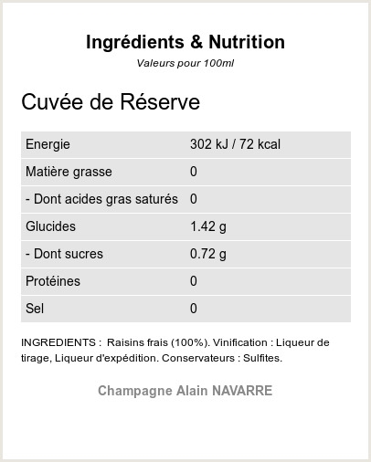 Cuvée de Réserve - Ingrédients et Nutrition 