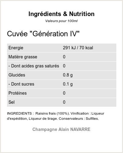 La Cuvée Génération IV - Millésime 2020 - Ingrédients et Nutrition 
