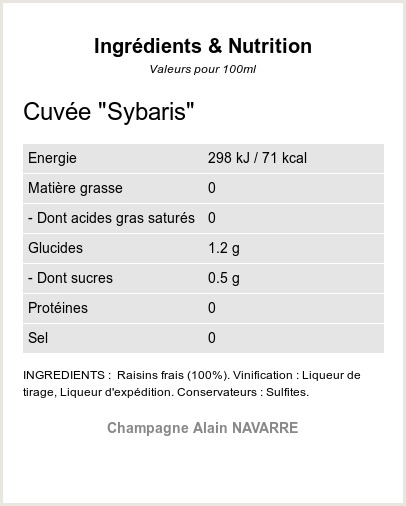 La Cuvée Sybaris - Ingrédients et Nutrition 