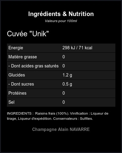 Cuvée Unik - Ingrédients et Nutrition 